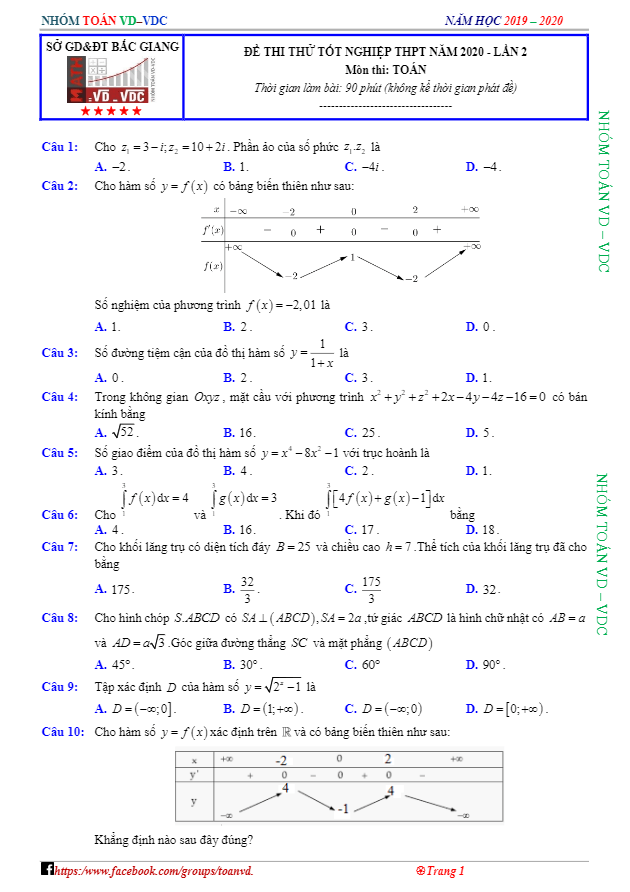 Đề thi thử tốt nghiệp THPT 2020 môn Toán lần 2 sở GD&ĐT Bắc Giang