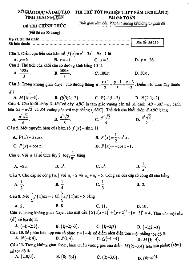 Đề thi thử tốt nghiệp THPT 2020 môn Toán lần 2 sở GD&ĐT Thái Nguyên