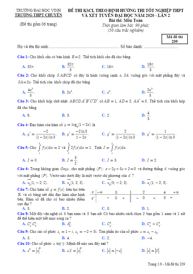 Đề thi thử tốt nghiệp THPT 2020 môn Toán lần 2 trường THPT chuyên ĐH Vinh Nghệ An