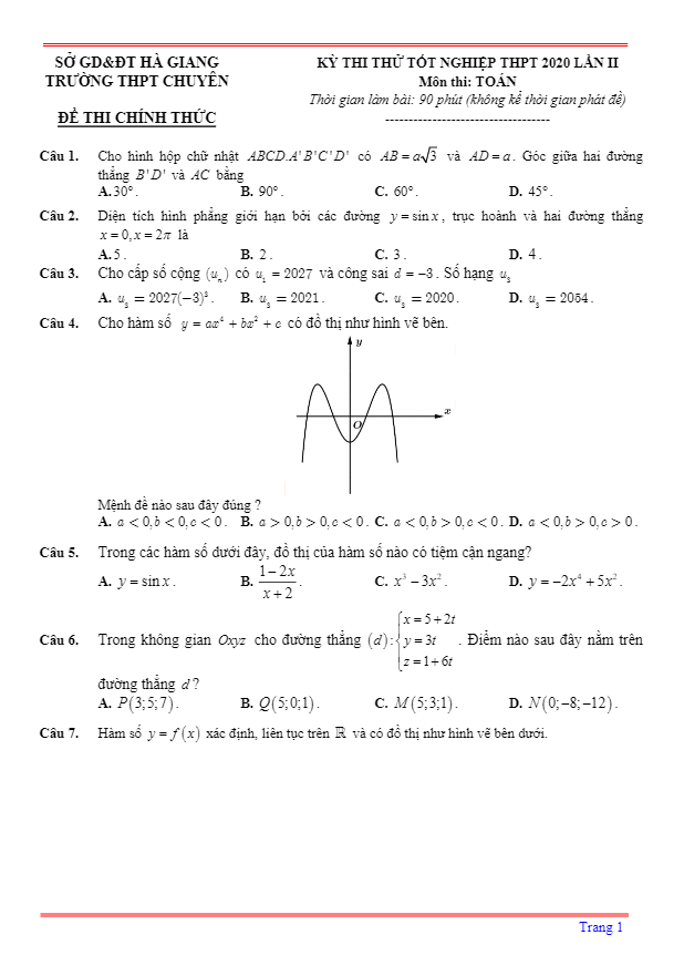 Đề thi thử tốt nghiệp THPT 2020 môn Toán lần 2 trường THPT chuyên Hà Giang