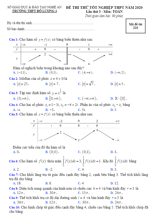 Đề thi thử tốt nghiệp THPT 2020 môn Toán lần 3 trường Đô Lương 4 Nghệ An