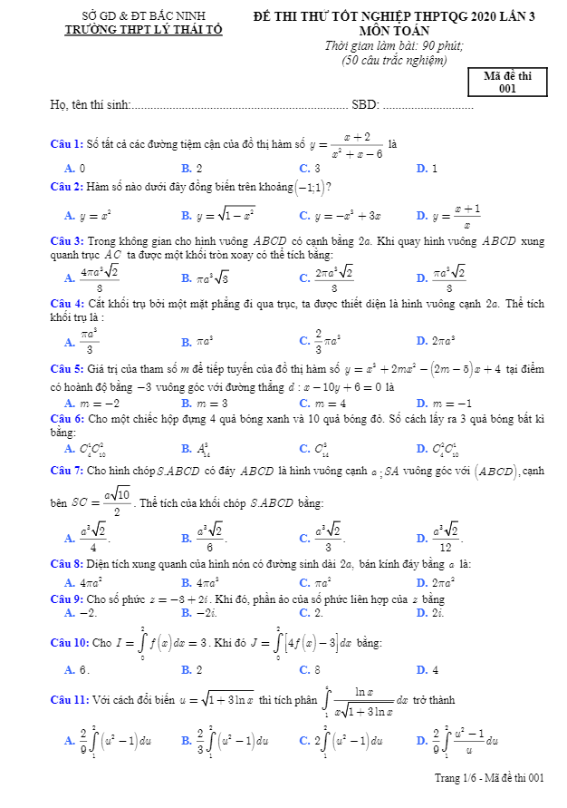 Đề thi thử tốt nghiệp THPT 2020 môn Toán lần 3 trường Lý Thái Tổ Bắc Ninh