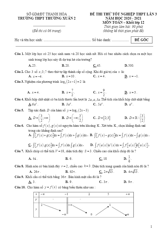 Đề thi thử tốt nghiệp THPT 2020 môn Toán lần 3 trường THPT Thường Xuân 2 Thanh Hóa
