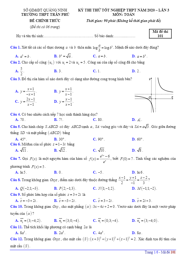 Đề thi thử tốt nghiệp THPT 2020 môn Toán lần 3 trường THPT Trần Phú Quảng Ninh