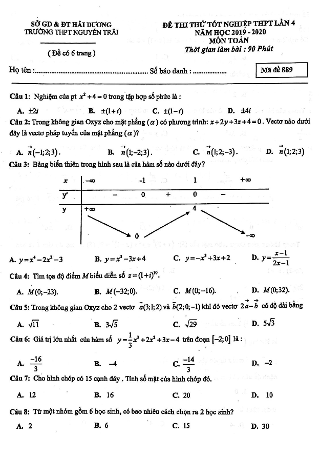 Đề thi thử tốt nghiệp THPT 2020 môn Toán lần 4 trường chuyên Nguyễn Trãi Hải Dương