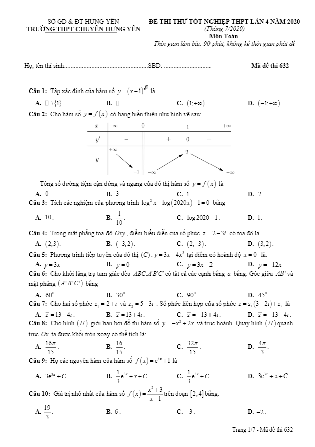 Đề thi thử tốt nghiệp THPT 2020 môn Toán lần 4 trường THPT chuyên Hưng Yên