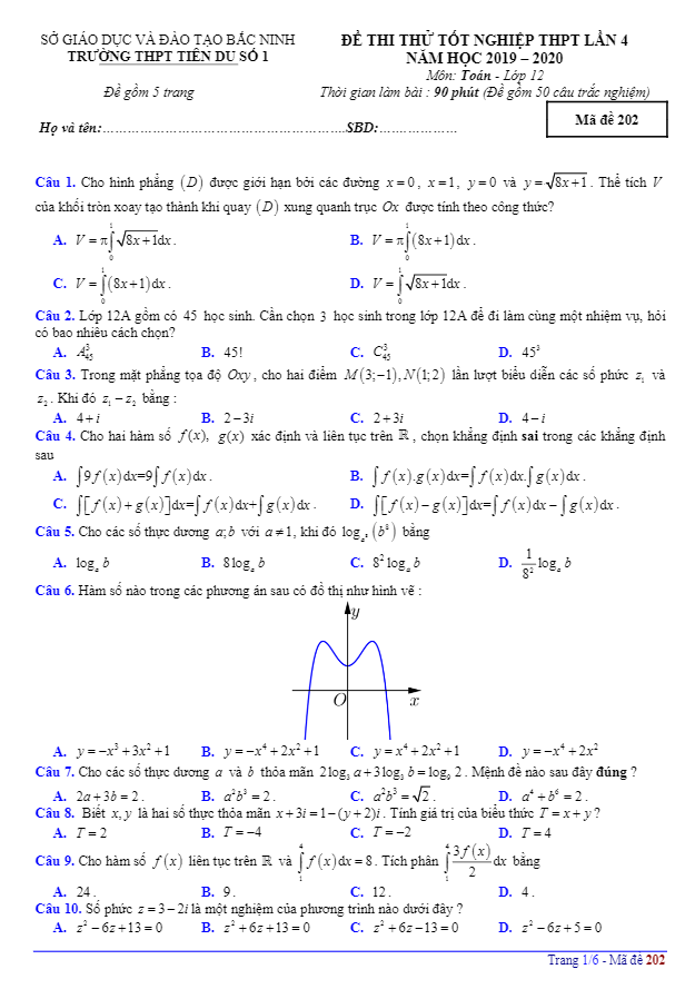 Đề thi thử tốt nghiệp THPT 2020 môn Toán lần 4 trường Tiên Du 1 Bắc Ninh