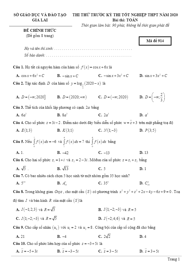 Đề thi thử tốt nghiệp THPT 2020 môn Toán sở GD&ĐT Gia Lai