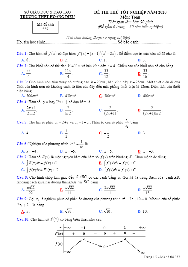 Đề thi thử tốt nghiệp THPT 2020 môn Toán trường THPT Hoàng Diệu Đồng Nai