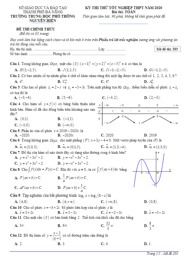 Đề thi thử tốt nghiệp THPT 2020 môn Toán trường THPT Nguyễn Hiền - Đà Nẵng