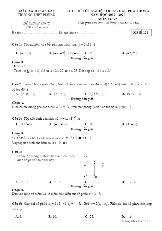 Đề thi thử tốt nghiệp THPT 2020 môn Toán trường THPT Pleiku Gia Lai
