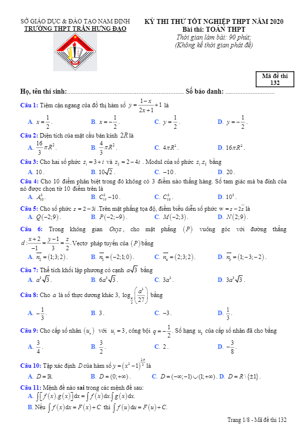 Đề thi thử tốt nghiệp THPT 2020 môn Toán trường THPT Trần Hưng Đạo Nam Định