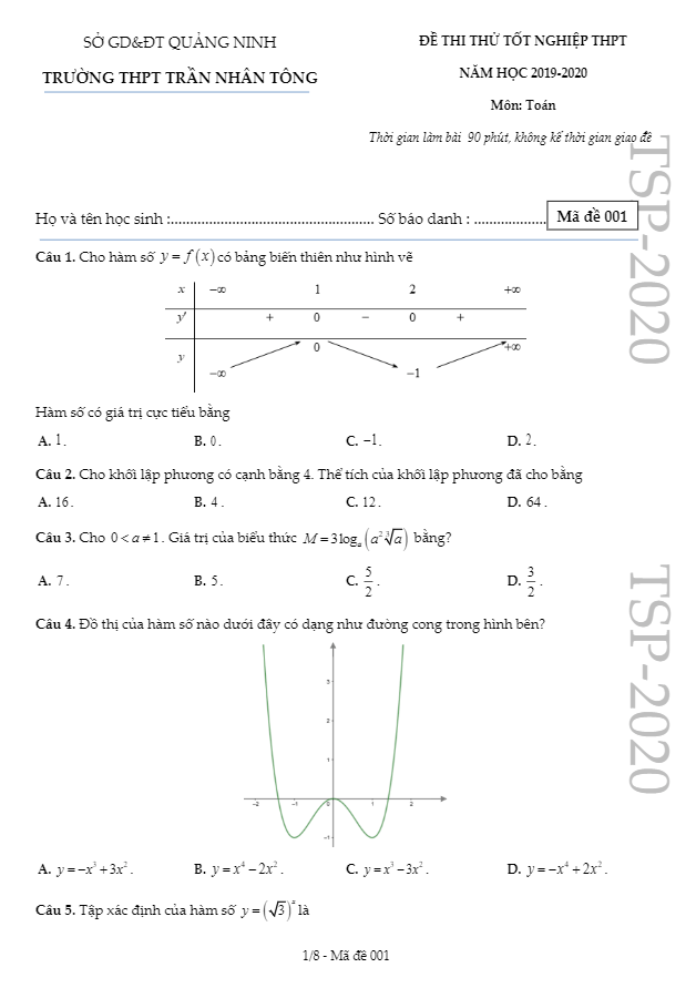 Đề thi thử tốt nghiệp THPT 2020 môn Toán trường THPT Trần Nhân Tông Quảng Ninh