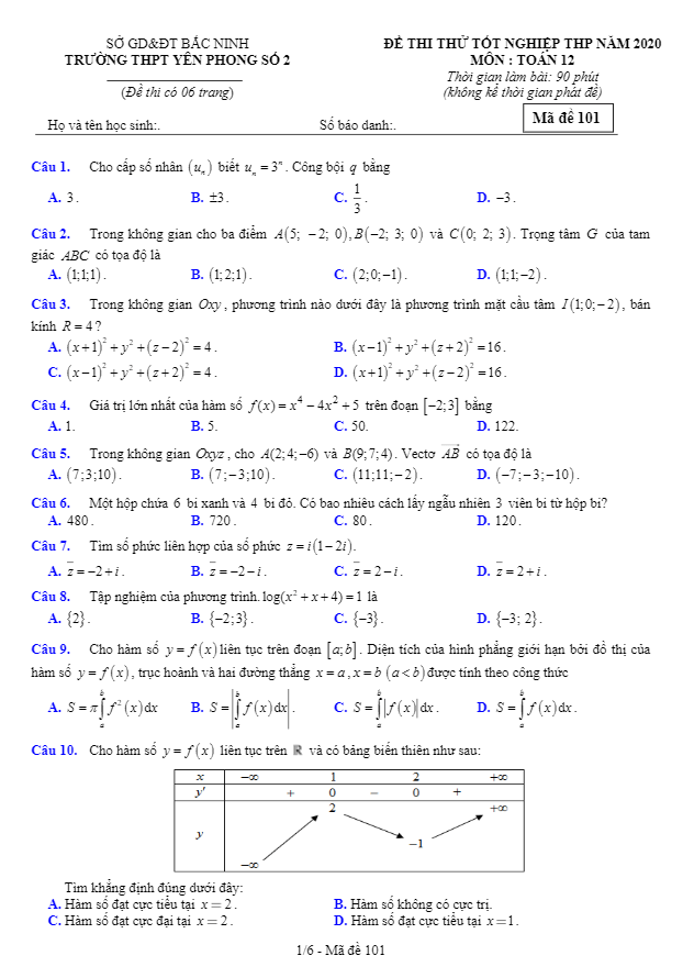 Đề thi thử tốt nghiệp THPT 2020 môn Toán trường Yên Phong 2 Bắc Ninh