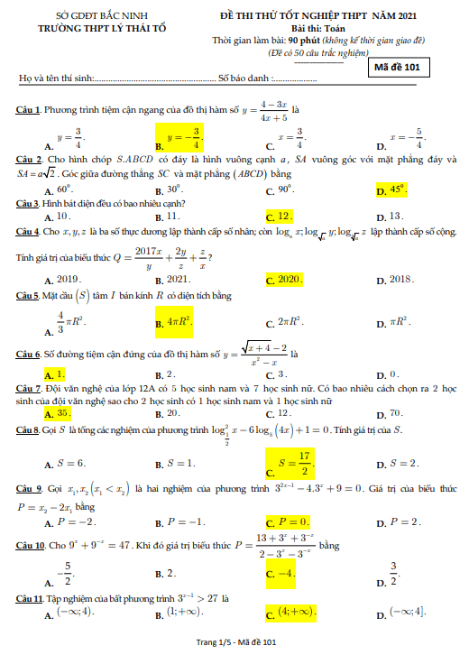 Đề thi thử tốt nghiệp THPT 2021 lần 1 môn Toán trường Lý Thái Tổ Bắc Ninh
