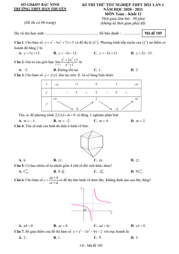 Đề thi thử tốt nghiệp THPT 2021 lần 1 môn Toán trường THPT Hàn Thuyên Bắc Ninh