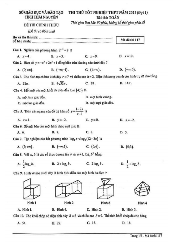 Đề thi thử tốt nghiệp THPT 2021 môn Toán sở GD&ĐT Thái Nguyên (Đợt 1)