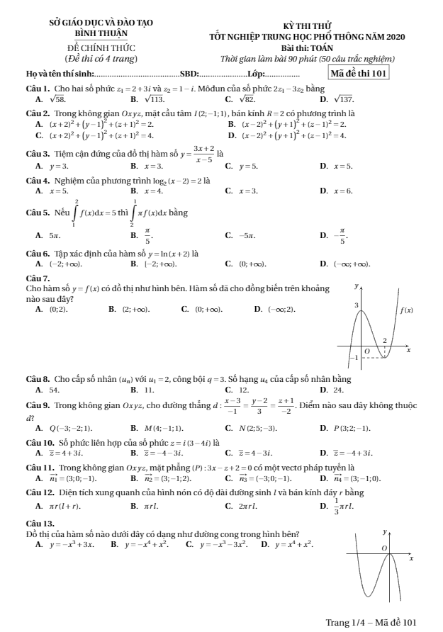 Đề thi thử tốt nghiệp THPT năm 2020 môn Toán sở GD&ĐT Bình Thuận