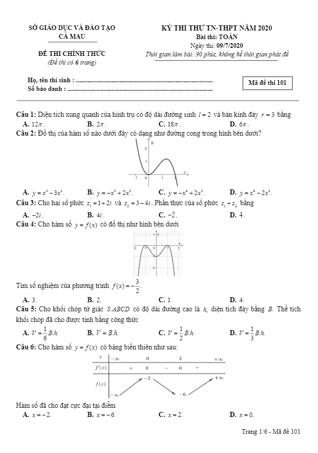 Đề thi thử tốt nghiệp THPT năm 2020 môn Toán sở GD&ĐT Cà Mau