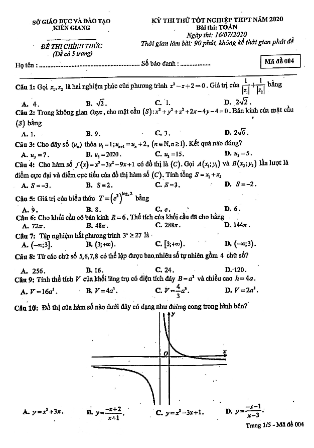 Đề thi thử tốt nghiệp THPT năm 2020 môn Toán sở GD&ĐT Kiên Giang