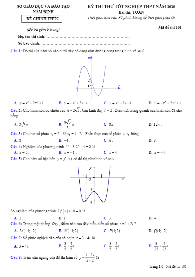 Đề thi thử tốt nghiệp THPT năm 2020 môn Toán sở GD&ĐT Nam Định