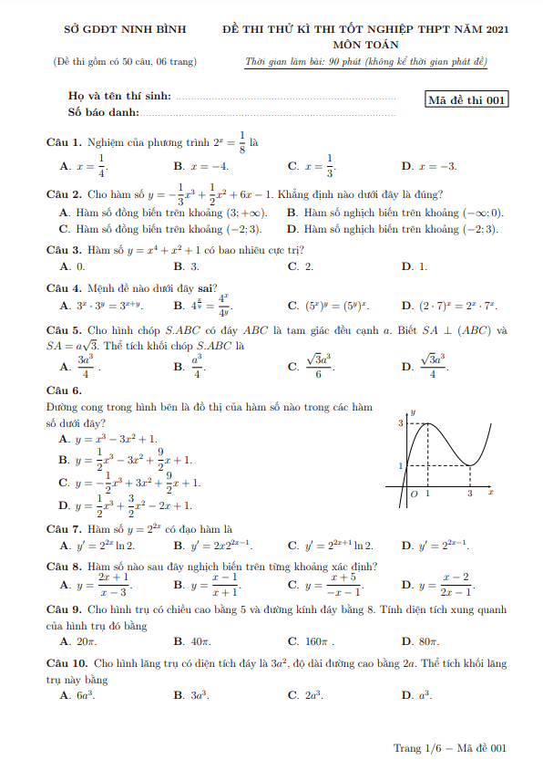 Đề thi thử tốt nghiệp THPT năm 2021 môn Toán sở GD&ĐT Ninh Bình