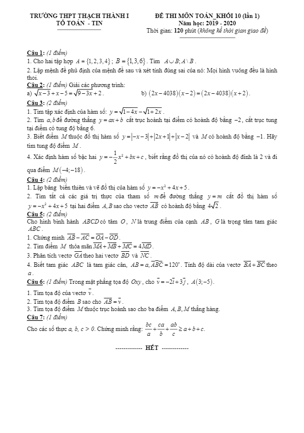 Đề thi Toán 10 lần 1 năm 2019 2020 trường THPT Thạch Thành 1 Thanh Hóa