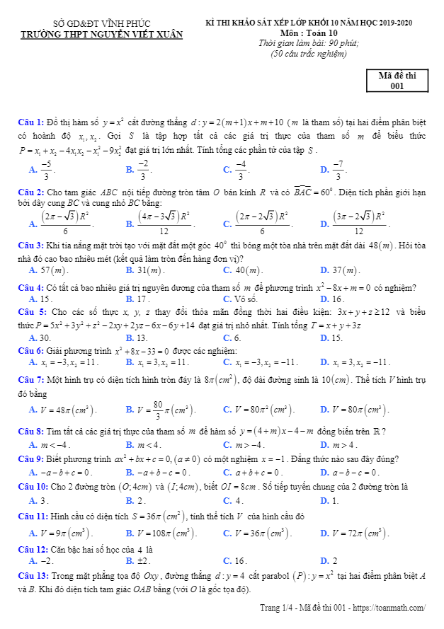 Đề thi xếp lớp Toán 10 năm 2019 – 2020 trường Nguyễn Viết Xuân – Vĩnh Phúc