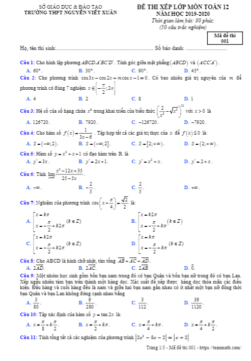Đề thi xếp lớp Toán 12 năm 2019 2020 trường Nguyễn Viết Xuân Vĩnh Phúc