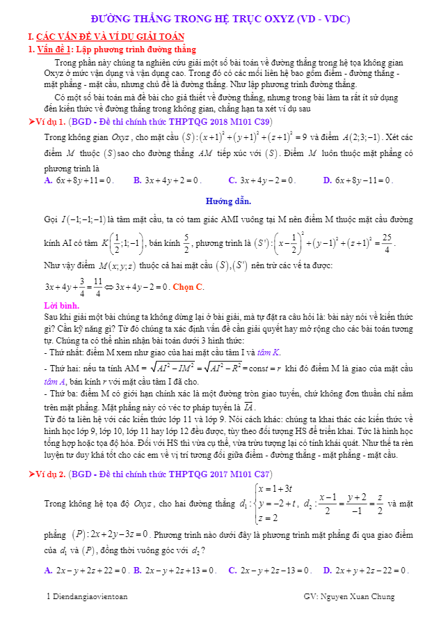 Đường thẳng trong hệ trục Oxyz (VD VDC) Nguyễn Xuân Chung