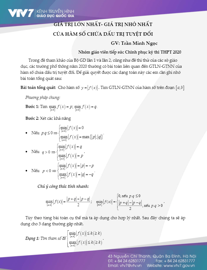 Giá trị lớn nhất và giá trị nhỏ nhất của hàm số chứa dấu trị tuyệt đối Trần Minh Ngọc