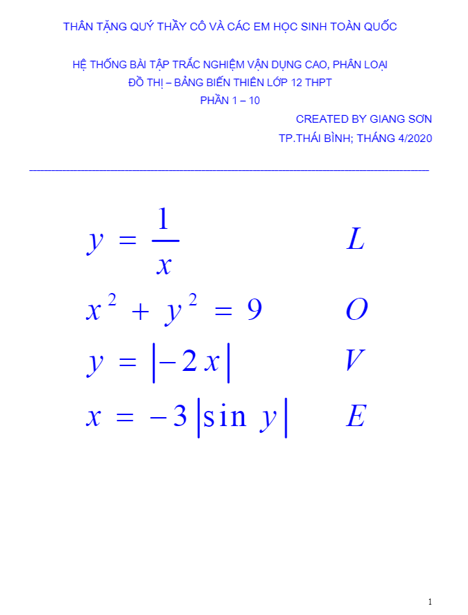 Hệ thống bài tập trắc nghiệm vận dụng cao, phân loại đồ thị bảng biến thiên (phần 1 10)