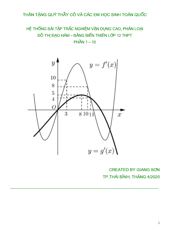 Hệ thống bài tập trắc nghiệm vận dụng cao, phân loại đồ thị đạo hàm bảng biến thiên (phần 1 10)