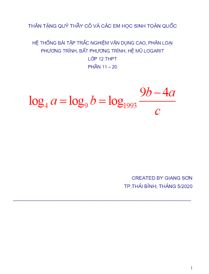 Hệ thống bài tập trắc nghiệm VDC PT BPT HPT mũ logarit (phần 11 20)