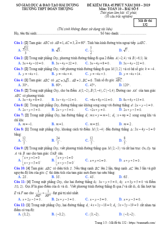 Kiểm tra 45 phút Hình học 10 chương 3 năm 2018 2019 trường Đoàn Thượng Hải Dương