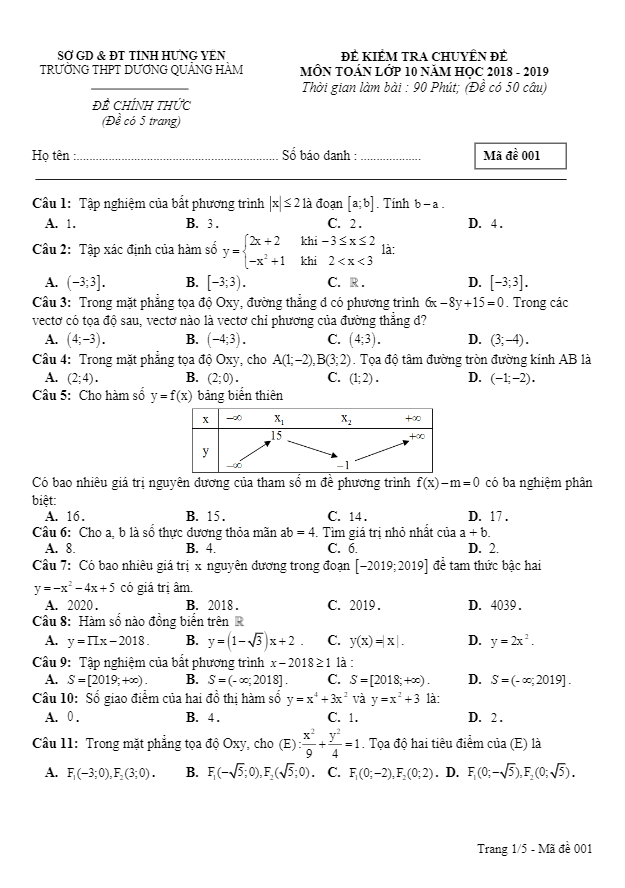 Kiểm tra chuyên đề Toán 10 năm 2018 2019 trường Dương Quảng Hàm Hưng Yên