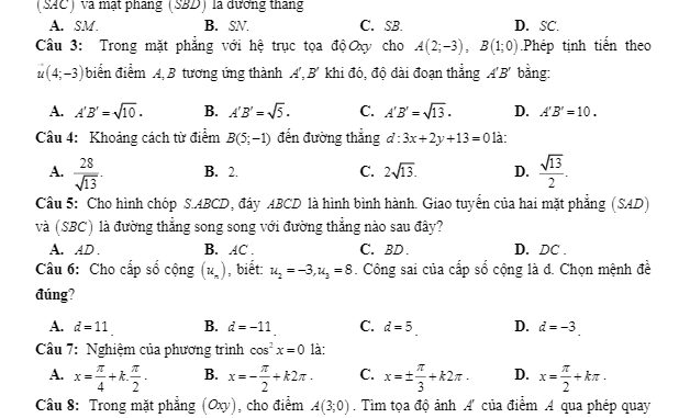 Kiểm tra chuyên đề Toán 11 năm 2018 – 2019 trường Dương Quảng Hàm – Hưng Yên