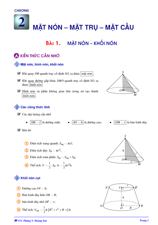 Lý thuyết và bài tập mặt nón mặt trụ mặt cầu Phùng Hoàng Em