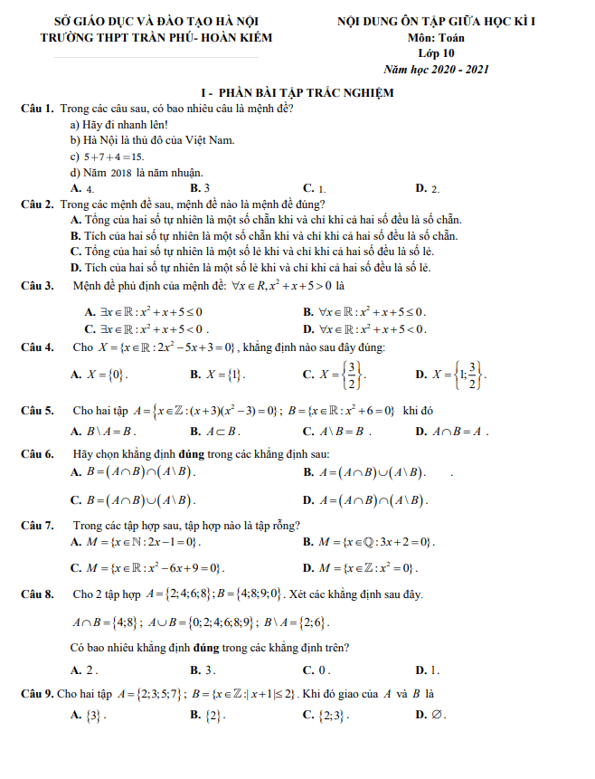 Nội dung ôn tập giữa HK1 Toán 10 năm 2020 2021 trường THPT Trần Phú Hà Nội