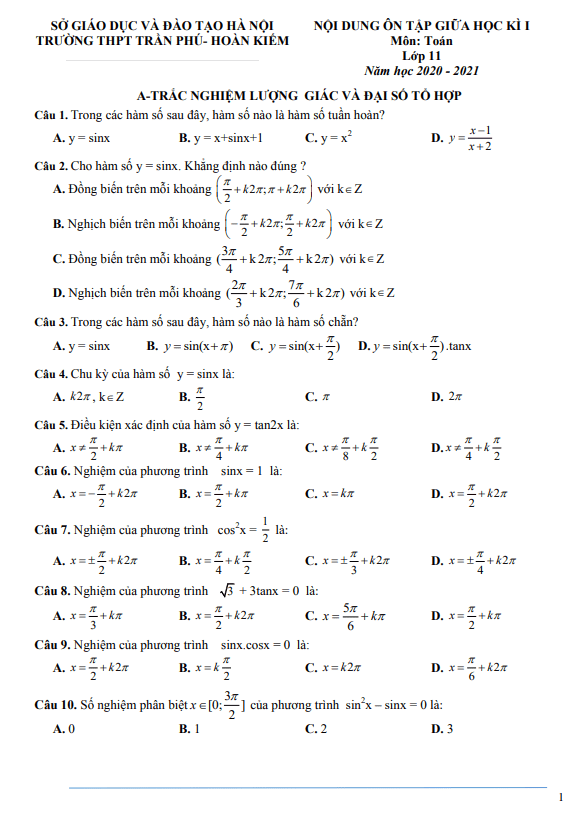 Nội dung ôn tập giữa HK1 Toán 11 năm 2020 2021 trường THPT Trần Phú Hà Nội