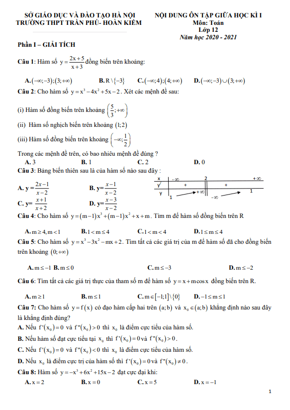 Nội dung ôn tập giữa HK1 Toán 12 năm 2020 2021 trường THPT Trần Phú Hà Nội
