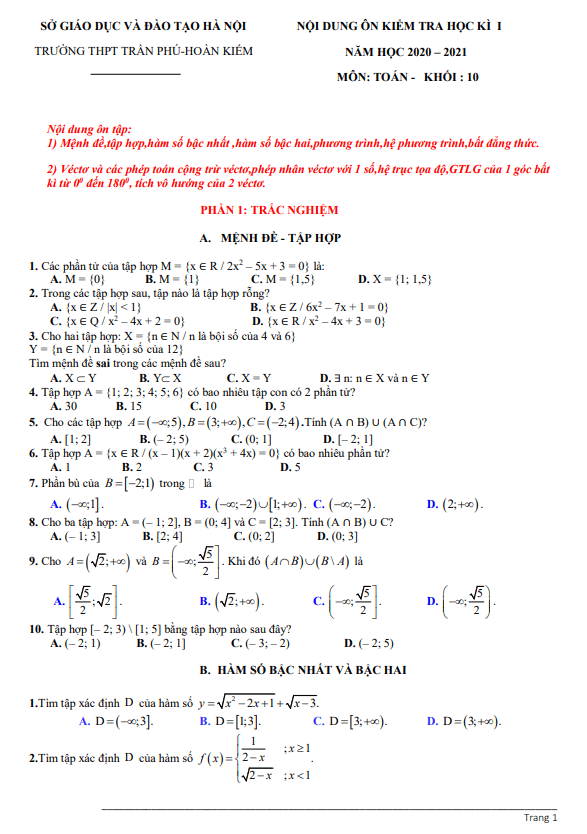 Nội dung ôn tập học kì 1 Toán 10 năm 2020 2021 trường THPT Trần Phú Hà Nội