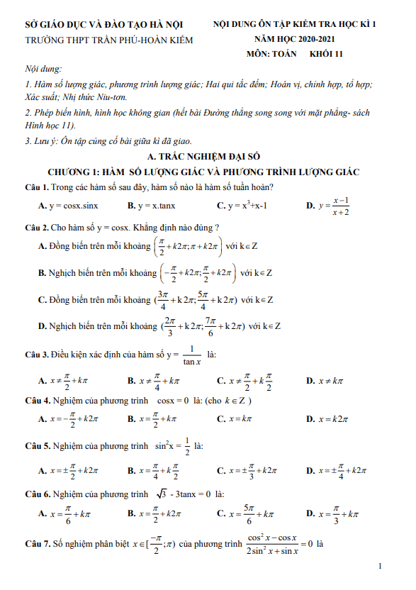 Nội dung ôn tập học kì 1 Toán 11 năm 2020 2021 trường THPT Trần Phú Hà Nội