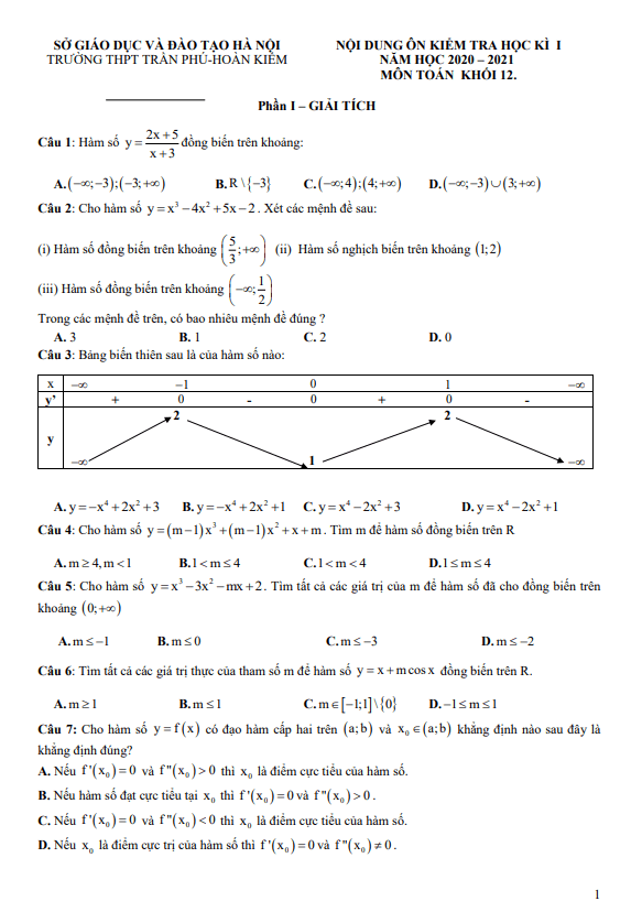 Nội dung ôn tập học kì 1 Toán 12 năm 2020 2021 trường THPT Trần Phú Hà Nội