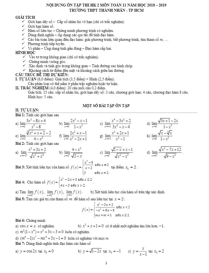Nội dung ôn tập thi HK2 Toán 11 năm 2018 2019 trường Thành Nhân TP HCM