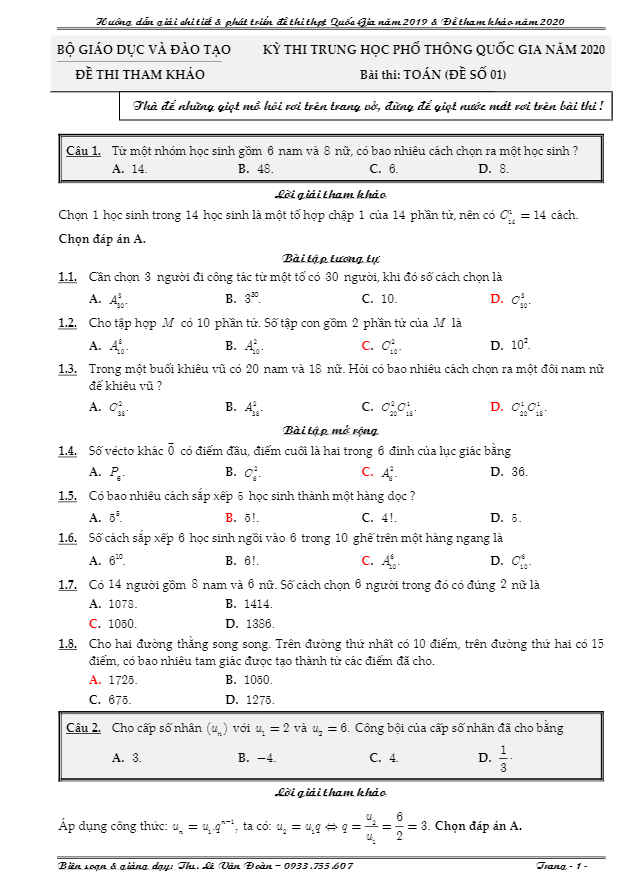 Phát triển đề minh họa THPT Quốc gia 2020 môn Toán Lê Văn Đoàn