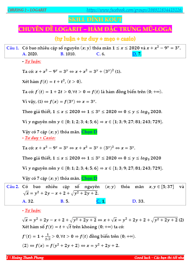 Phương pháp hàm đặc trưng giải nhanh trắc nghiệm mũ logarit Hoàng Thanh Phong