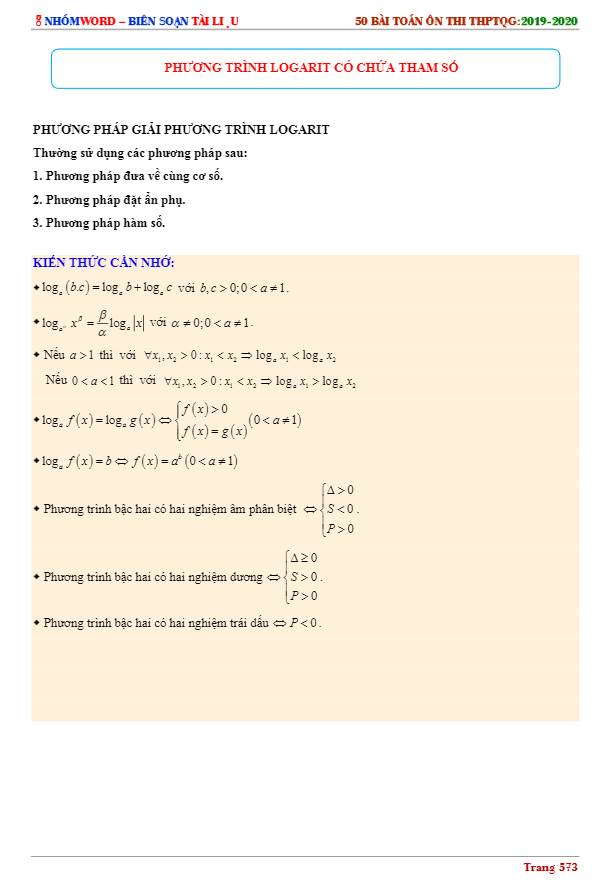 Phương trình logarit có chứa tham số