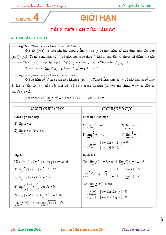 Tài liệu tự học giới hạn của hàm số Nguyễn Trọng