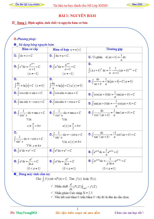Tài liệu tự học nguyên hàm, tích phân và ứng dụng Nguyễn Trọng